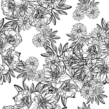 Sorunsuz vintage tarzı çiçek deseni. Siyah ve beyaz çiçek öğeleri.