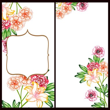 Klasik çiçek düğün kartları seti. Çiçek elementleri ve çerçeveleri.