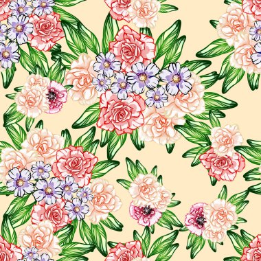 Sorunsuz vintage tarzı çiçek deseni. Renkli çiçek öğeleri