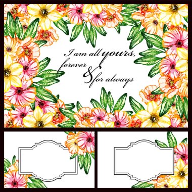 Klasik çiçek düğün kartları seti. Çiçek elementleri ve çerçeveleri.
