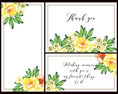 Klasik çiçek düğün kartları seti. Çiçek elementleri ve çerçeveleri.