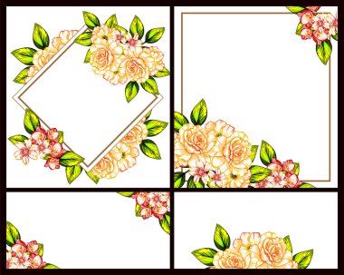 Klasik çiçek düğün kartları seti. Çiçek elementleri ve çerçeveleri.