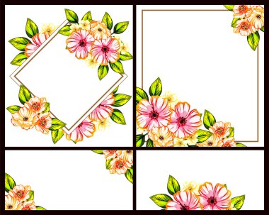 Klasik çiçek düğün kartları seti. Çiçek elementleri ve çerçeveleri.