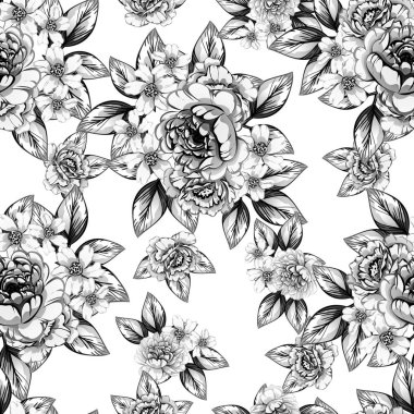 Sorunsuz vintage tarzı çiçek deseni. Siyah ve beyaz çiçek öğeleri.