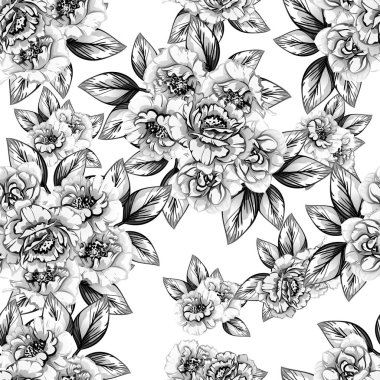 Sorunsuz vintage tarzı çiçek deseni. Siyah ve beyaz çiçek öğeleri.