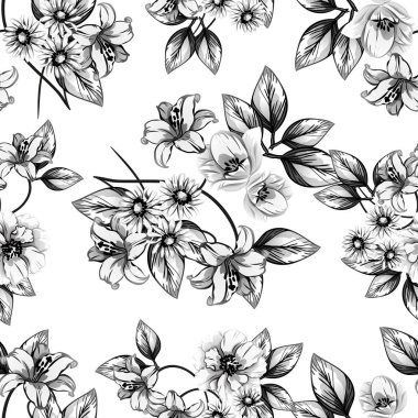 Sorunsuz vintage tarzı çiçek deseni. Siyah ve beyaz çiçek öğeleri.