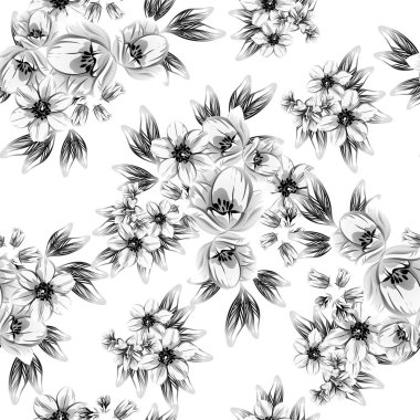 Sorunsuz vintage tarzı çiçek deseni. Siyah ve beyaz çiçek öğeleri.