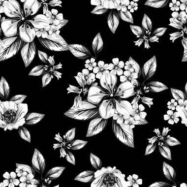 Sorunsuz vintage tarzı çiçek deseni. Siyah ve beyaz çiçek öğeleri.