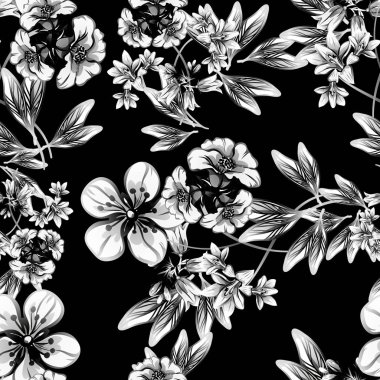 Sorunsuz vintage tarzı çiçek deseni. Siyah ve beyaz çiçek öğeleri.