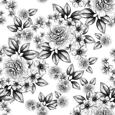 Sorunsuz vintage tarzı çiçek deseni. Siyah ve beyaz çiçek öğeleri.