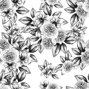 Sorunsuz vintage tarzı çiçek deseni. Siyah ve beyaz çiçek öğeleri.