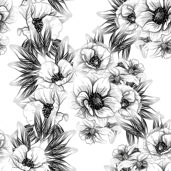 Patrón Flores Estilo Vintage Sin Costuras Elementos Florales Blanco Negro — Vector de stock