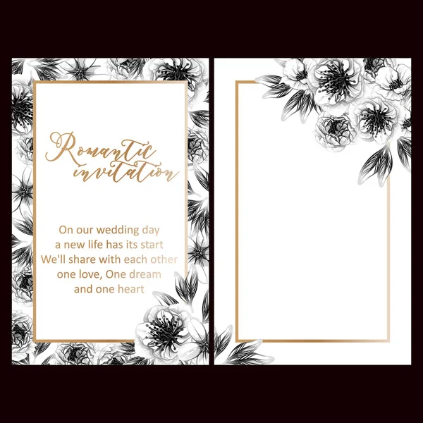 Cartes Mariage Fleurs Style Vintage Noir Blanc Eléments Floraux Cadres — Image vectorielle