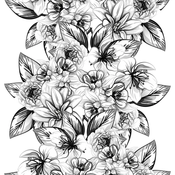 Modèle Fleur Style Vintage Sans Couture Eléments Floraux Noir Blanc — Image vectorielle