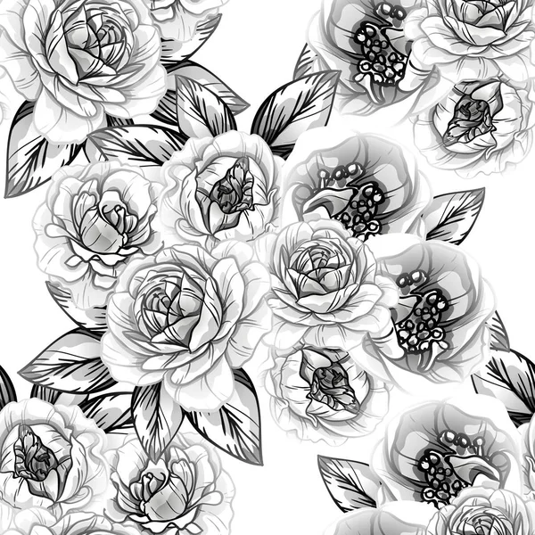 Modèle Fleur Style Vintage Sans Couture Eléments Floraux Noir Blanc — Image vectorielle