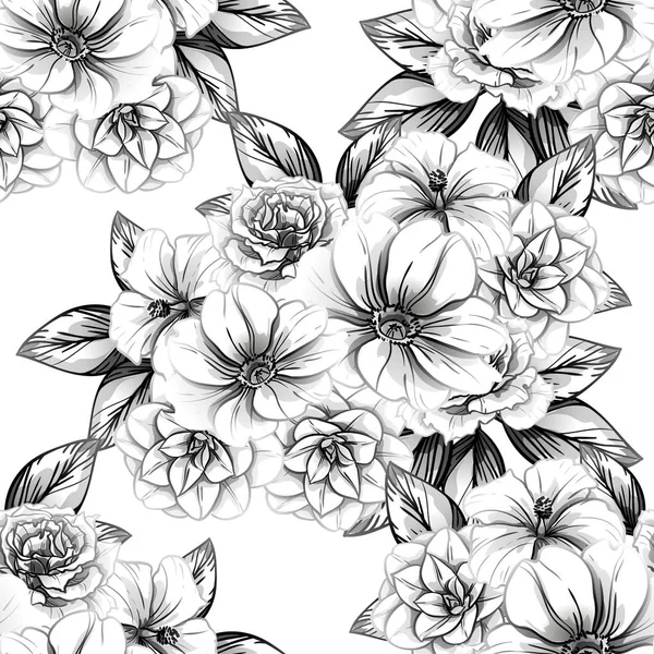 Seamless Vintage Style Flower Pattern Floral Elements Black White — Stock Vector