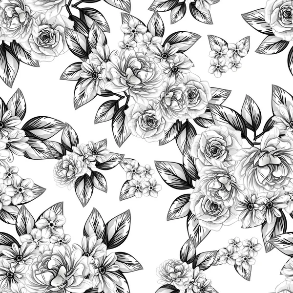 Modèle Fleur Style Vintage Sans Couture Eléments Floraux Noir Blanc — Image vectorielle