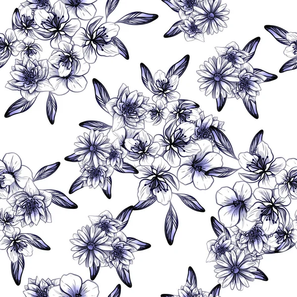 Estilo Vintage Sin Costuras Patrón Flores Azul Oscuro Elementos Florales — Vector de stock