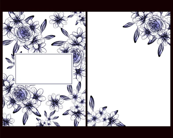 ヴィンテージスタイルの花ダークブルーのウェディングカードセット 花の要素とフレーム — ストックベクタ