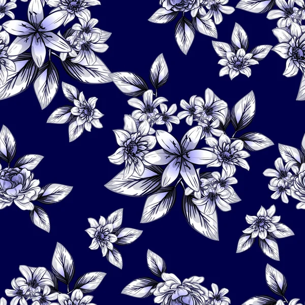 Estilo Vintage Sin Costuras Patrón Flores Azul Oscuro Elementos Florales — Archivo Imágenes Vectoriales