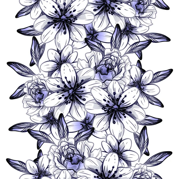 Estilo Vintage Sin Costuras Patrón Flores Azul Oscuro Elementos Florales — Vector de stock