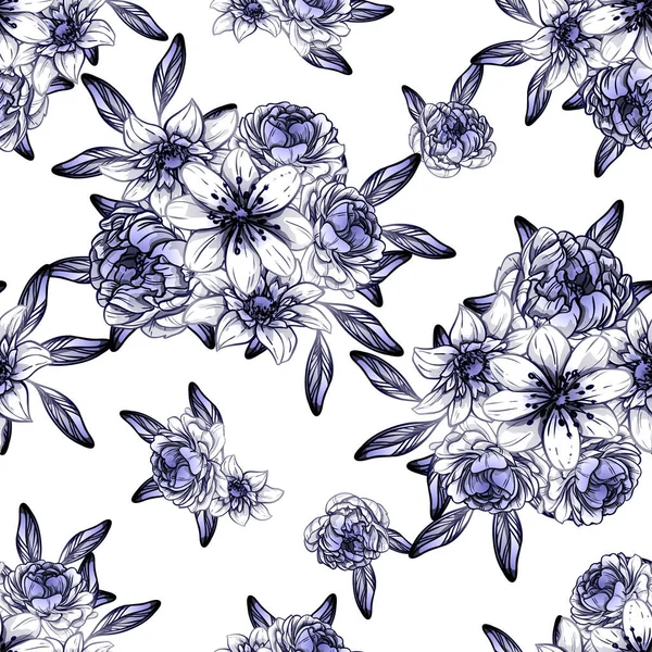 Sömlös Vintage Stil Mörk Blå Blommönster Blommiga Inslag — Stock vektor