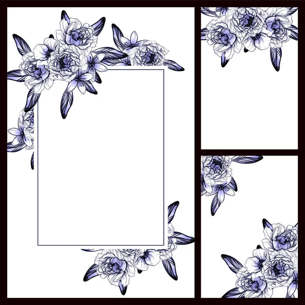 Set Carte Sposa Stile Vintage Fiore Blu Scuro Elementi Cornici — Vettoriale Stock