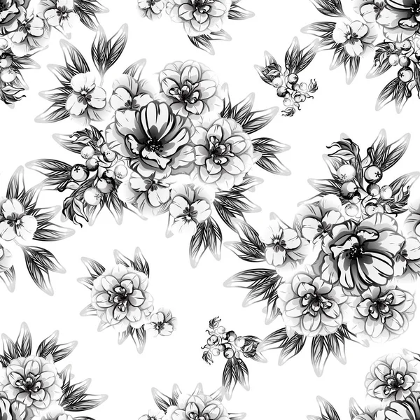 Patrón Flores Estilo Vintage Sin Costuras Elementos Florales Blanco Negro — Vector de stock