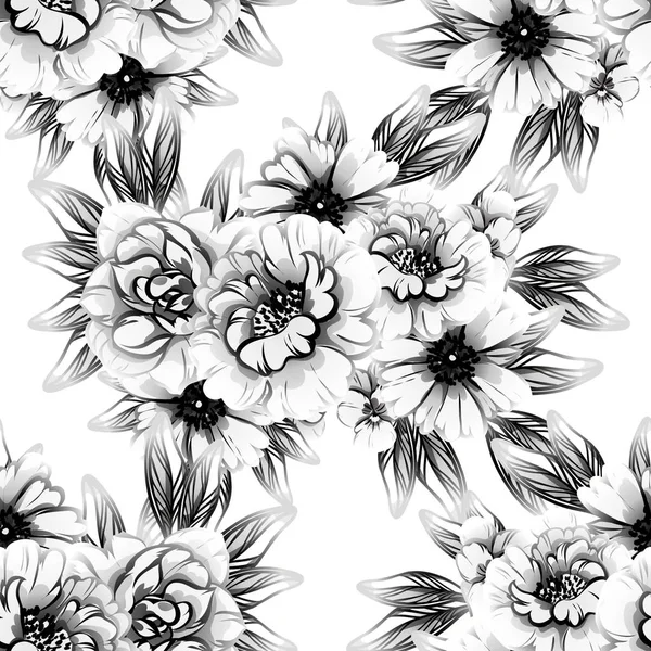 Seamless Vintage Style Flower Pattern Floral Elements Black White — Stock Vector