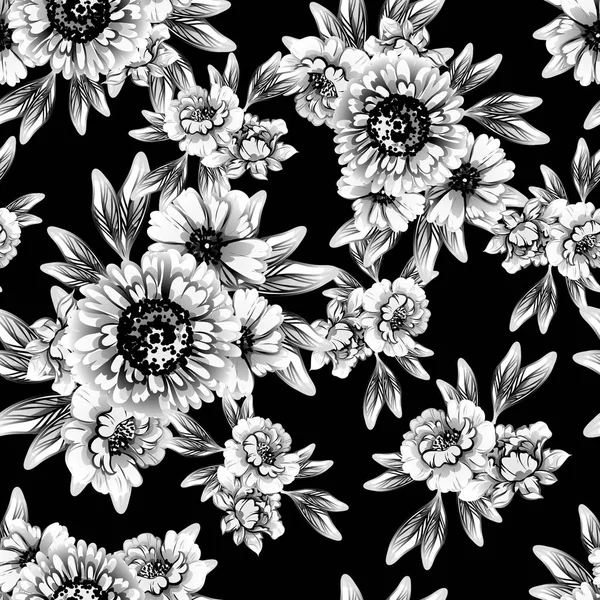 Seamless Vintage Style Flower Pattern Floral Elements Black White — Stock Vector