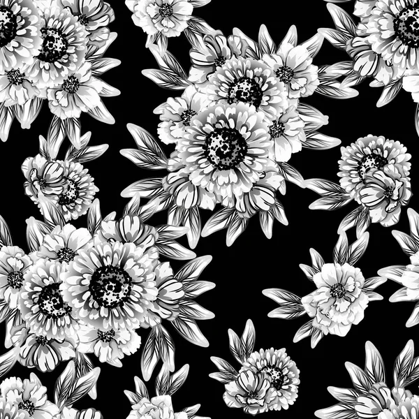 Bezszwowe Stylu Vintage Kwiatki Kwiatowy Elementy Czerni Bieli — Wektor stockowy