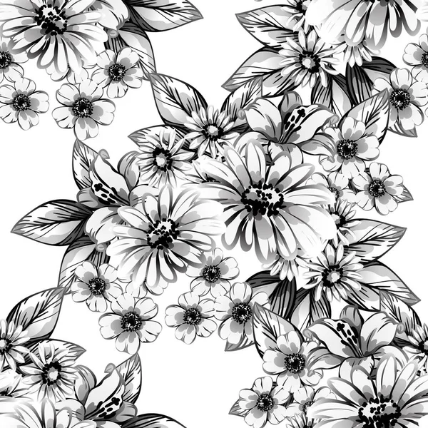 Seamless Vintage Style Flower Pattern Floral Elements Black White — Stock Vector