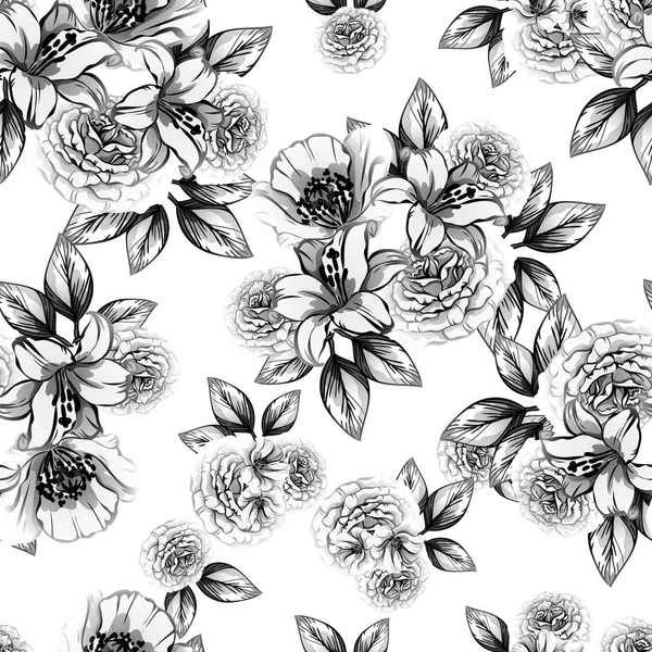 Modèle Fleur Style Vintage Sans Couture Eléments Floraux Noir Blanc — Image vectorielle