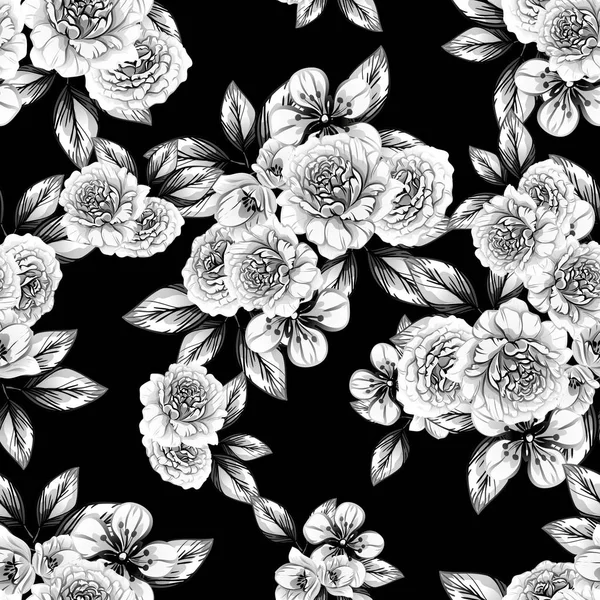 Seamless Vintage Style Flower Pattern Floral Elements Black White — Stock Vector