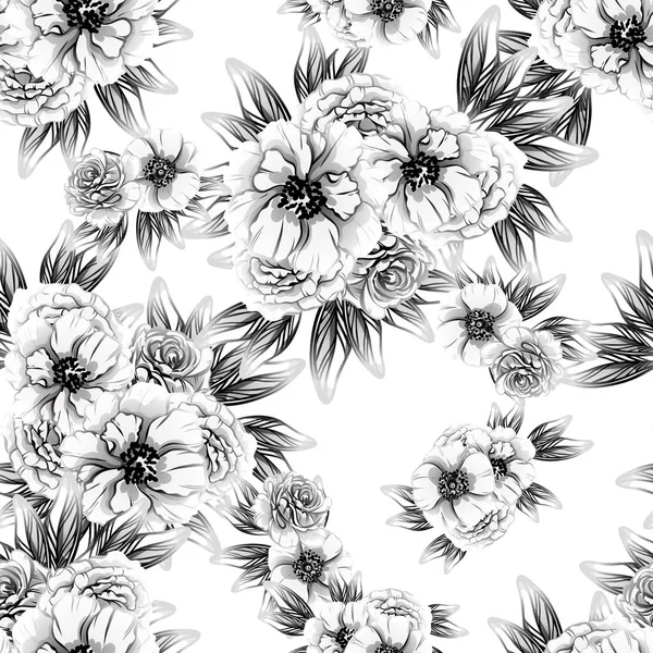 Patrón Flores Estilo Vintage Sin Costuras Elementos Florales Blanco Negro — Vector de stock
