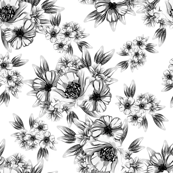 无缝复古风格的花卉图案 黑白相间的花元素 — 图库矢量图片