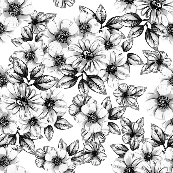 Seamless Vintage Style Flower Pattern Floral Elements Black White — Stock Vector