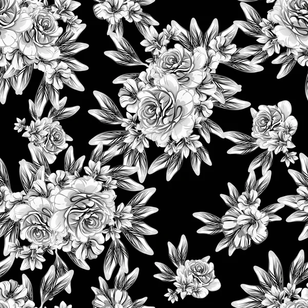 Naadloze Vintage Stijl Bloemenpatroon Floral Elementen Zwart Wit — Stockvector