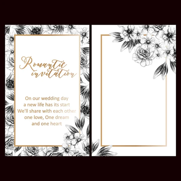 古色古香的花式婚礼卡片 白纸黑字摆放 植物要素和框架 — 图库矢量图片