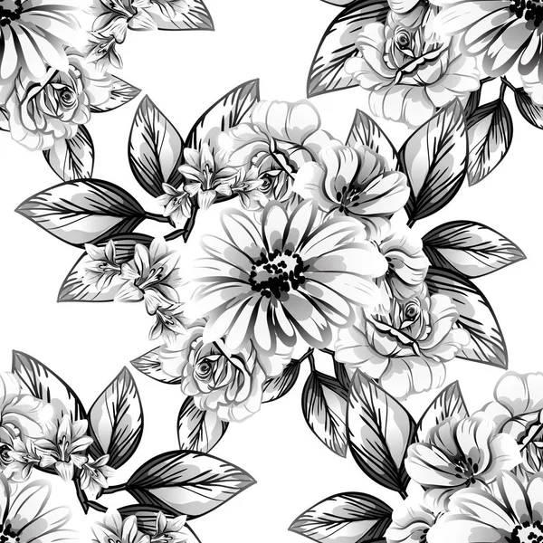 Modèle Fleur Style Vintage Sans Couture Eléments Floraux Noir Blanc — Image vectorielle