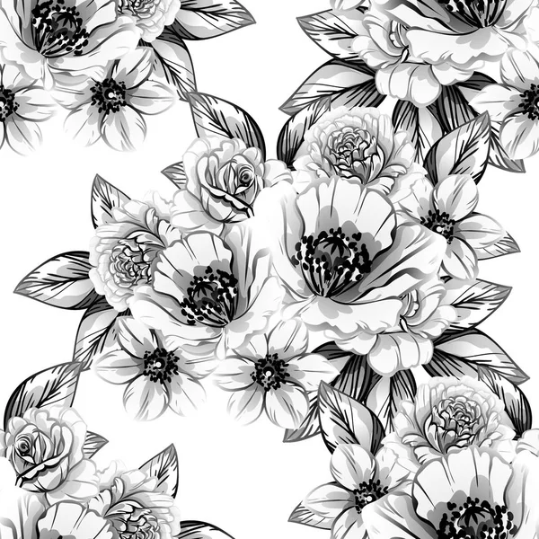 Modèle Fleur Style Vintage Sans Couture Eléments Floraux Noir Blanc — Image vectorielle