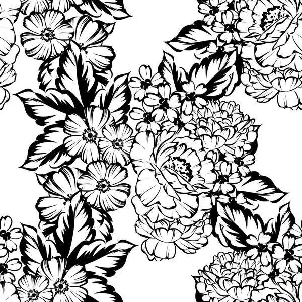 Sorunsuz vintage tarzı çiçek deseni. Siyah ve beyaz çiçek öğeleri.