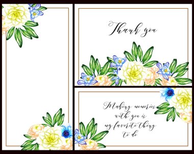 Klasik çiçek düğün kartları seti. Çiçek elementleri ve çerçeveleri.