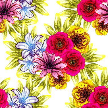 Sorunsuz vintage tarzı çiçek deseni. Renkli çiçek öğeleri