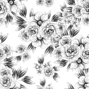 Sorunsuz vintage tarzı çiçek deseni. Siyah ve beyaz çiçek öğeleri.
