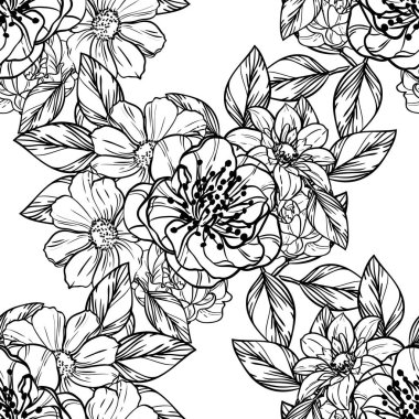 Sorunsuz vintage tarzı çiçek deseni. Siyah ve beyaz çiçek öğeleri.