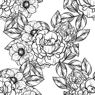 Sorunsuz vintage tarzı çiçek deseni. Siyah ve beyaz çiçek öğeleri.