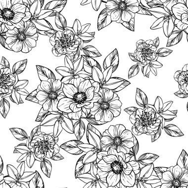 Sorunsuz vintage tarzı çiçek deseni. Siyah ve beyaz çiçek öğeleri.