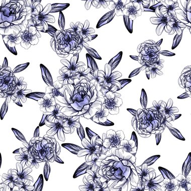 Sorunsuz vintage tarzı koyu mavi çiçek deseni. Çiçek öğeleri.