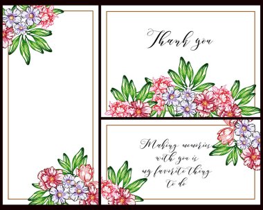 Klasik çiçek düğün kartları seti. Çiçek elementleri ve çerçeveleri.